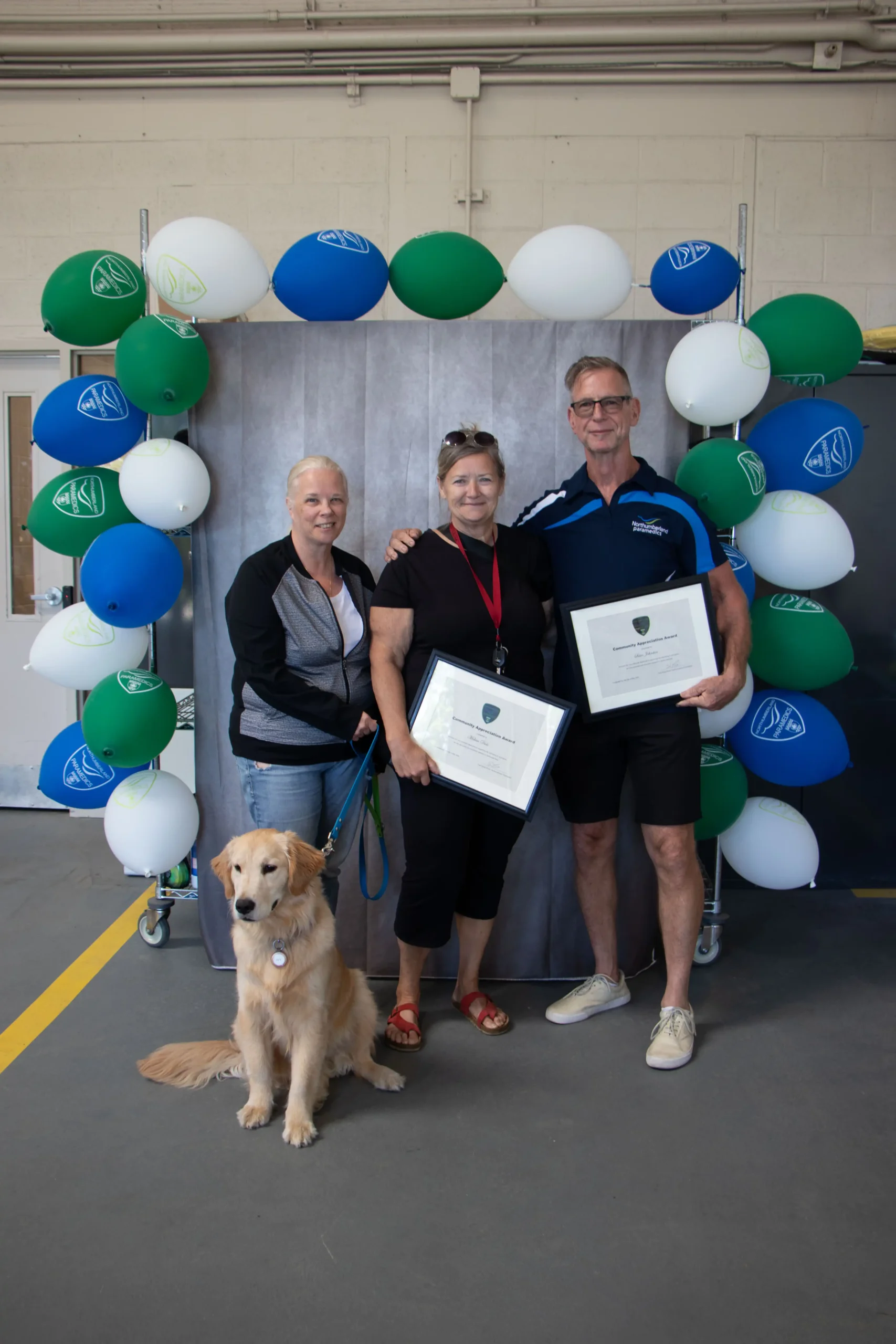 Community Award recipients and Northumberland Paramedic Therapy Dog In Training Ivy Joules (Left to Right): Karyn Beausoleil and Melissa Dale from Ketch’s Korner and recently retired Northumberland Paramedic Sean Johnston