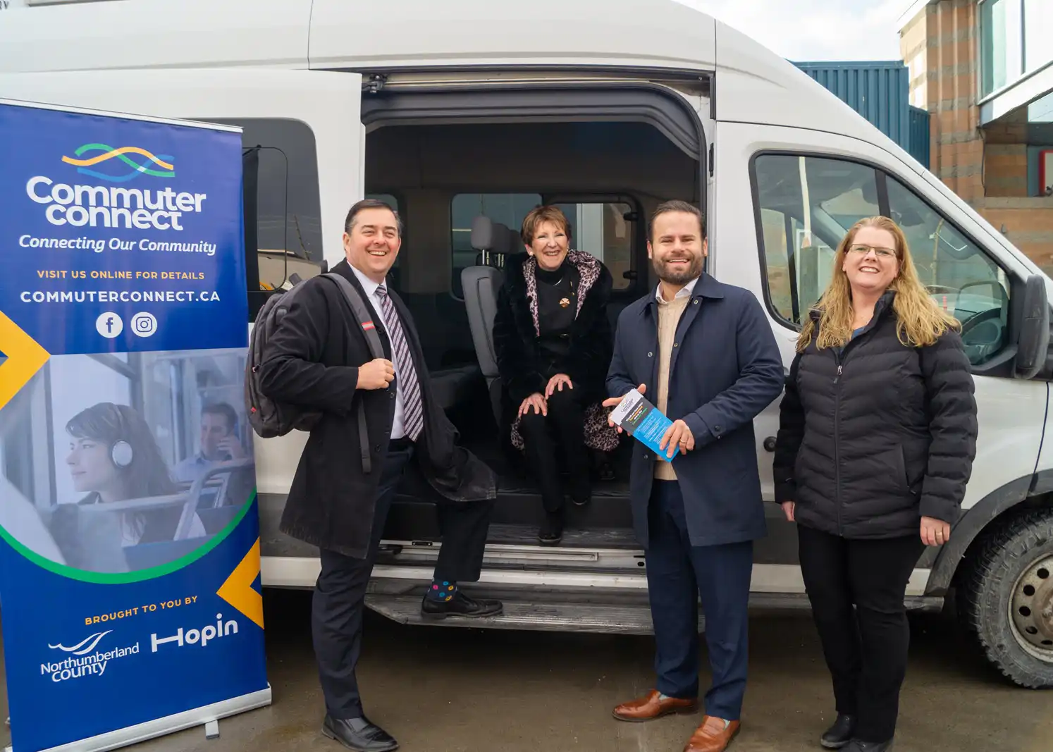 (Left to Right): Deputy Warden Brian Ostrander, Warden Mandy Martin, MPP David Piccini, Community Care Northumberland Transportation Service Manager Bobby-Jo Preston with the Commuter Connect bus.