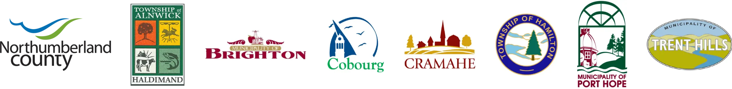 Northumberland County municipal logos including Northumberland County, Alnwick/Haldimand, Brighton, Cramahe, Cobourg, Hamilton, Port Hope and Trent Hills logos