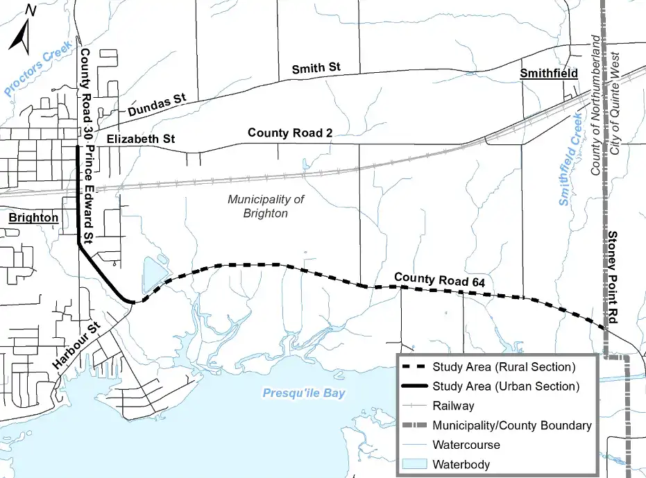 Map showing study area of the County Road 64 Integrated Renewal in the Municipality of Brighton