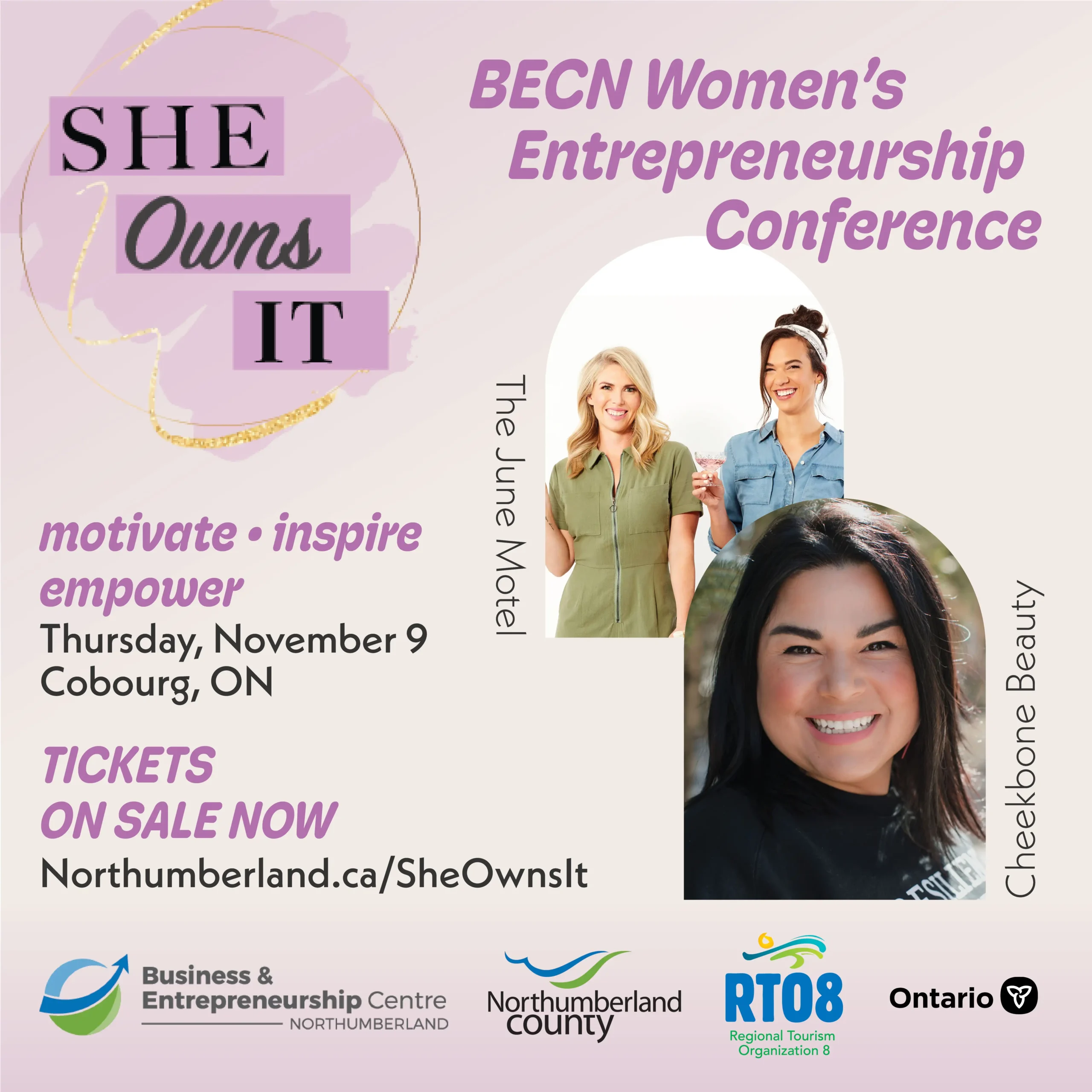 She Owns It event graphic with headshot of keynote speaker Jenn Harper and event details, 'BECN Women's Entrepreneurship Conference featuring Cheekbone Beauty Founder and CEO Jenn Harper. Motivate, inspire, empower. November 9th in Cobourg, ON. Tickets on sale now at Northumberland.ca/SheOwnsIt.' and logos of event partners: BECN, Northumberland County, RTO8, Ontario and Canada.