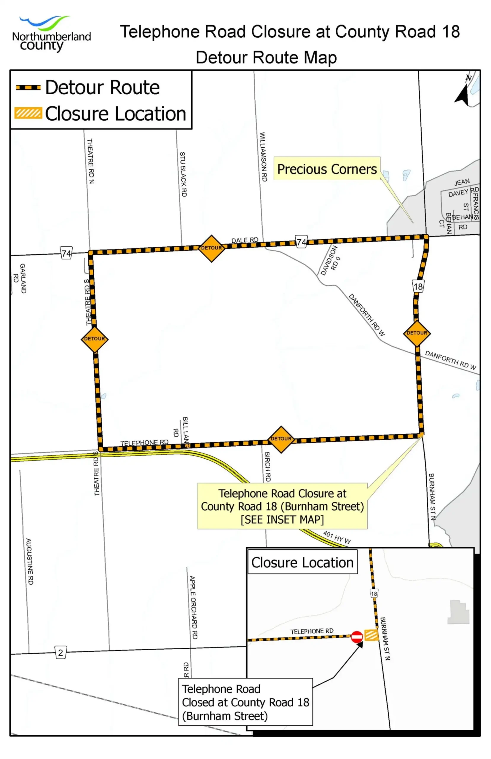 Map showing closure location and detour route for the Telephone Road closure